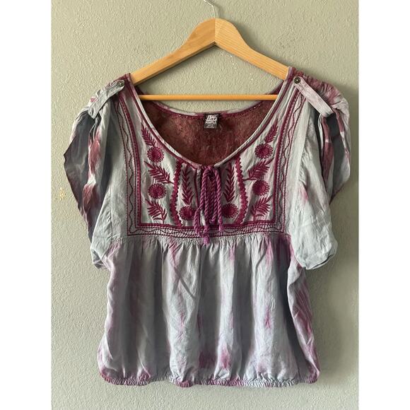 Free People | Purple Tie Dye, Embroidered, Lace, Tassel‎ Top - Picture 2 of 6
